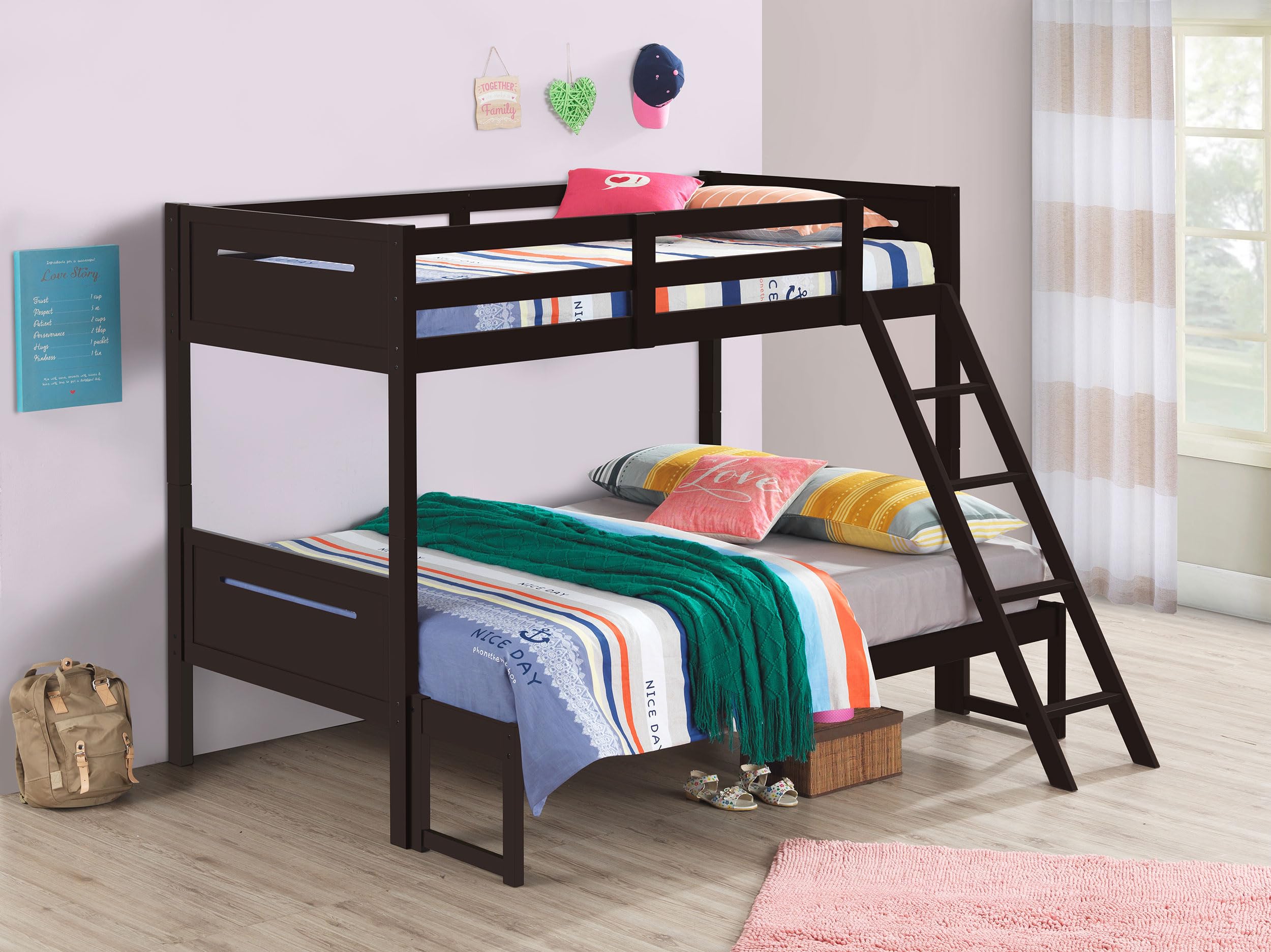 Coaster Home Furnishings Littleton Transitional Wood Twin Over Full Size Bunk Bed Frame with Ladder and Guardrails Fully Slatted Mattress Ready Foundation Espresso 405052BRN